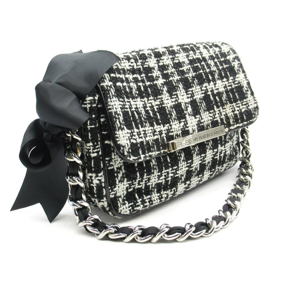 My Flat in London "Colette” Hand Bag w/Bow Black & White Chevron Tweed #H62153
